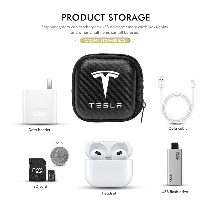 Car Carbon EVA Storage Bag Round Holder Zipper Case Box For Tesla Model Y 3 S X Roadster Bonina