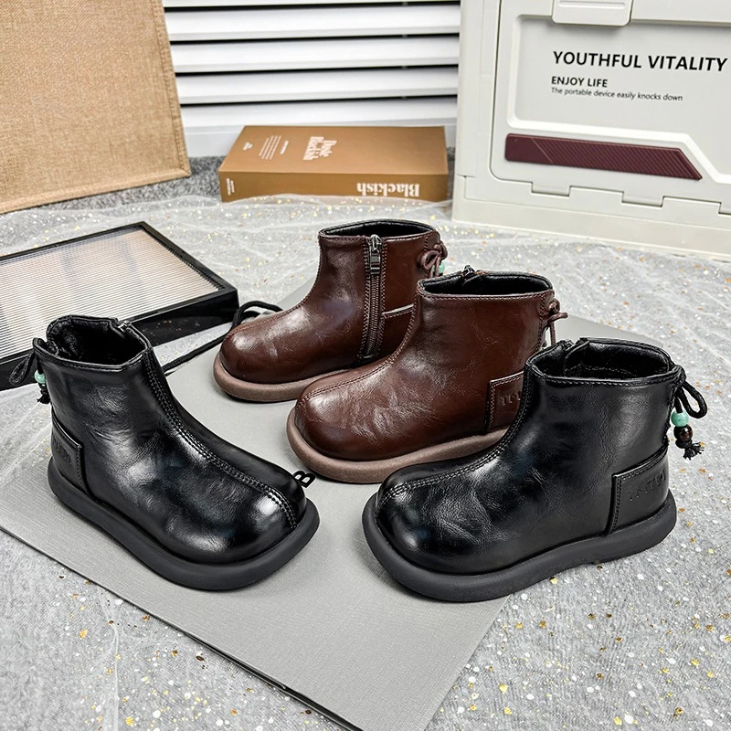 

Soft Leather Boots for Girls 2025 New Autumn Winter Toddler Kids Ankle Boots with Beaded Bow Non-slip Classic School Party Boots