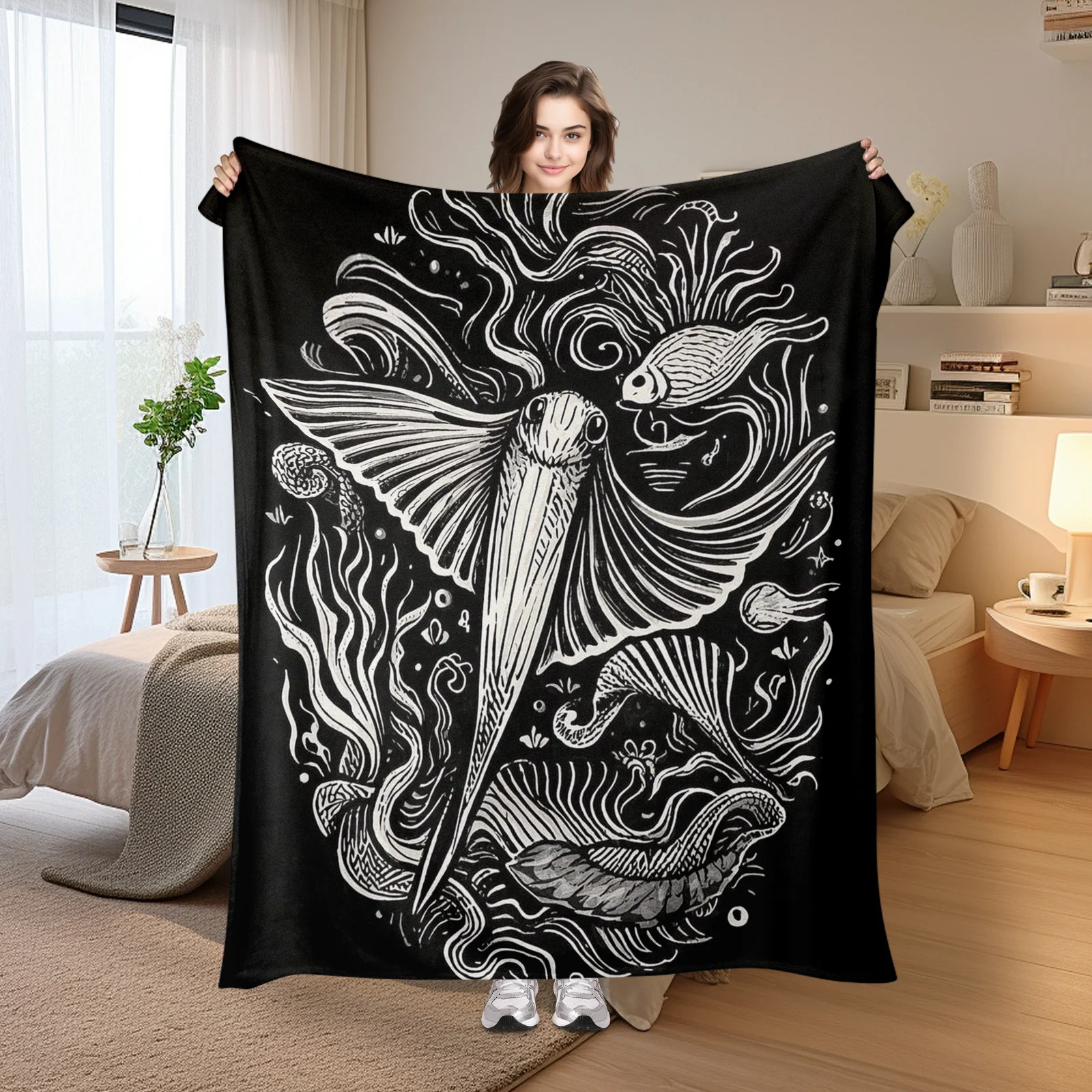 

Hand Drawn Sea Butterfly Black Background Line Art Blanket For Whimsical Ocean Themes And Artistic Home Decor Design