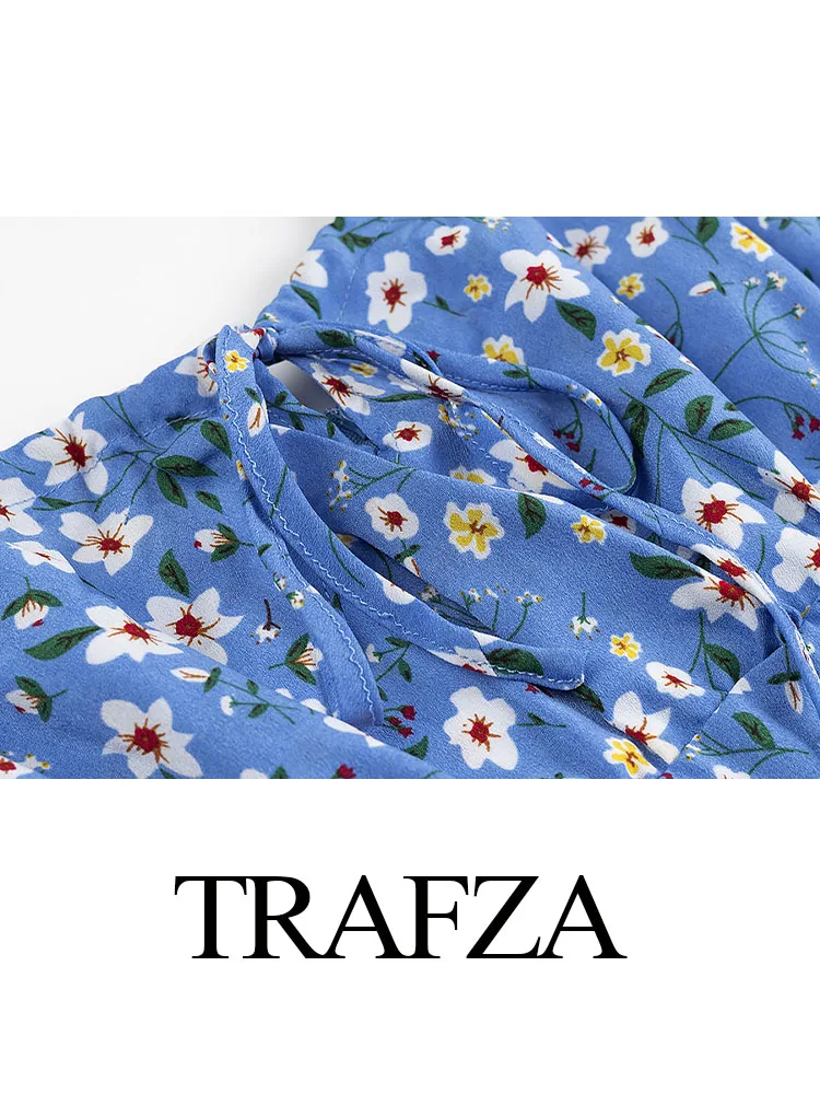 TRAFZA, moda para Mujer, vestido sencillo con cordones en el pecho, vestido Floral azul con tirantes, vestido elegante sin espalda con dobladillo y abertura, vestido ajustado sin mangas para Mujer