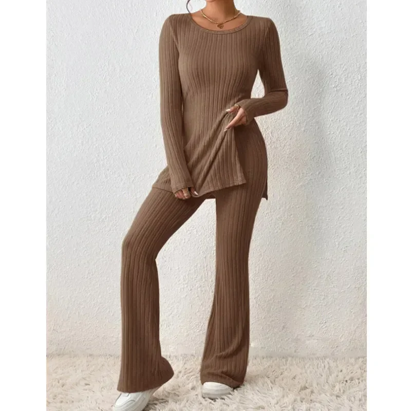 Women Suit Set Stylish Women\'s Knitted Two-piece Suit Set with Long Sleeve Ribbed Top High Waist Flared Trousers for Fall