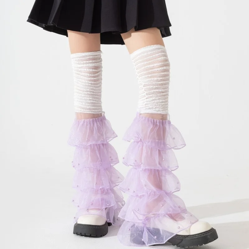 Harajuku Multi-layer Mesh Lace Thigh High Leg Cover Lolita Socks Anime Cosplay Pearls Over Knee Leg Warmers Ruffle Princess Soxs
