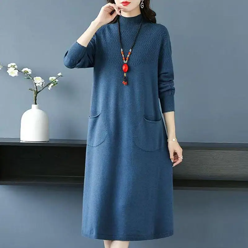 Long Sleeve Spring Autumn Turtleneck Warm Women Pullover Sweater Dress New Loose Vintage Middle Aged Mother Knitwear Jumper