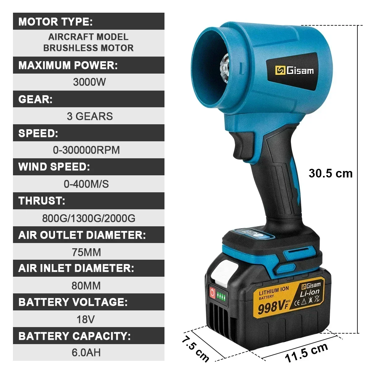 Gismis-soplador eléctrico sin escobillas de 30000RPM, ventilador Turbo inalámbrico de 15000RPM, herramientas eléctricas violentas para batería Makita de 18V