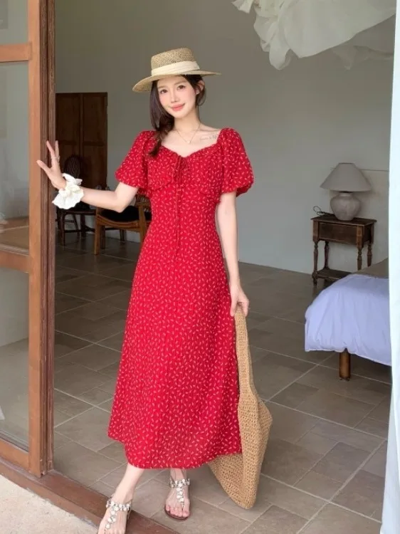 

plus Size Floral Print Short Sleeve Dress High Waist A-Line Skirt Concealing Belly Button Wooden Ear Trim Summer New Style