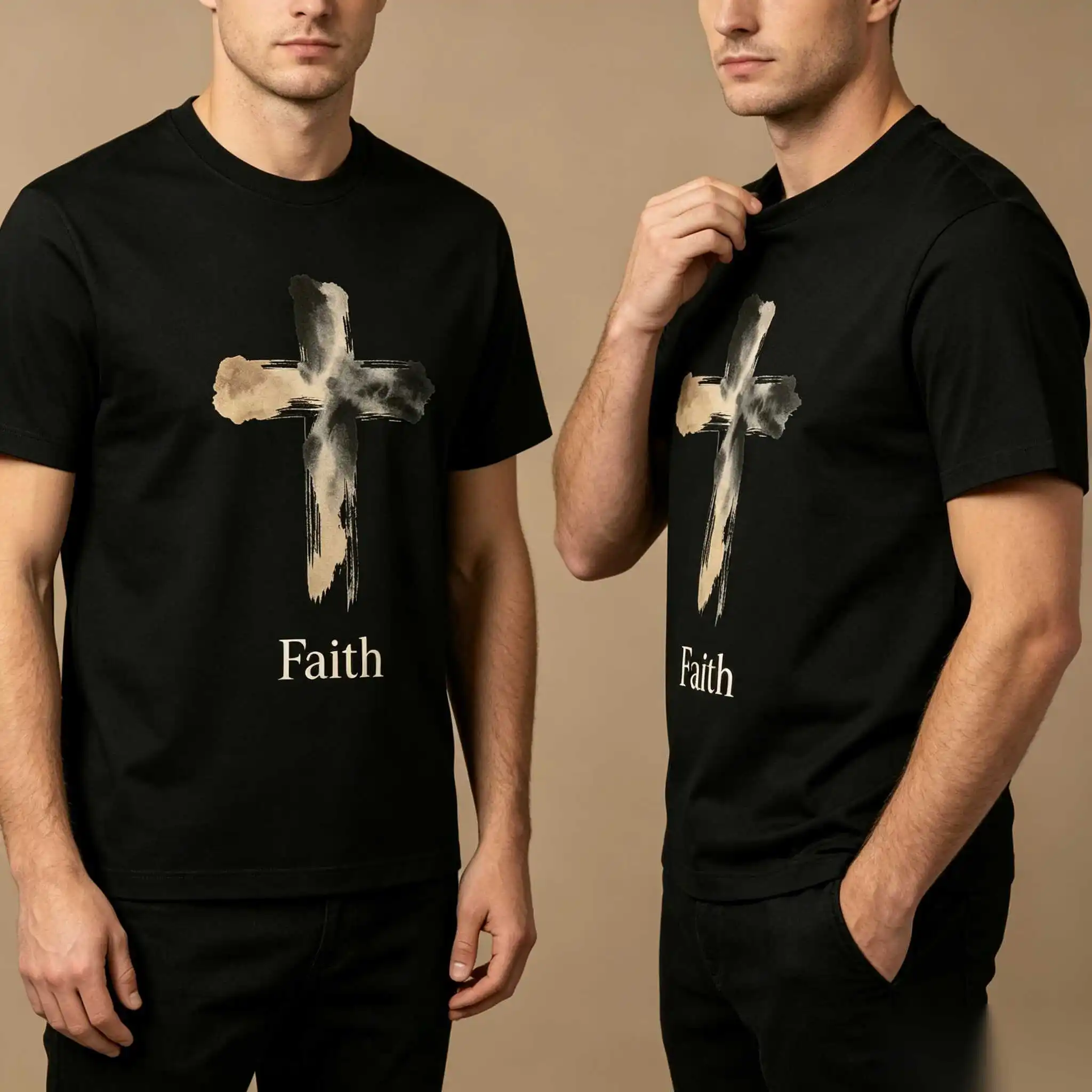 Neutral Watercolor Cross Faith Tee Summer Quiet Luxury Natural Soft Shirt Good Vibes Christian Gift S-5XL