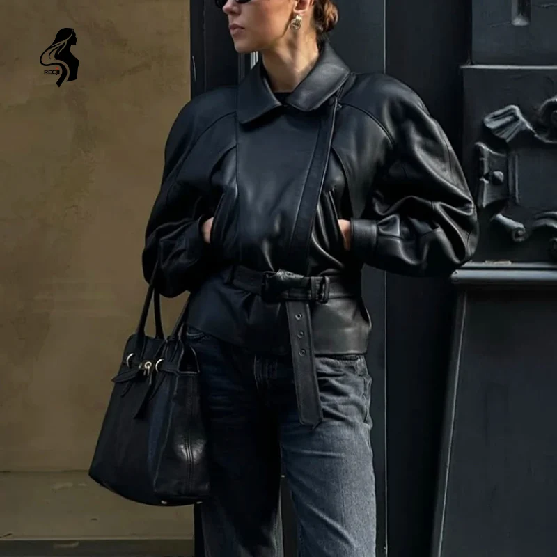 

Женский плащ из искусственной кожи с поясом и зубчатым воротником на молнии, короткий плащ на осень и зиму, незаменимый товар Trafizaran