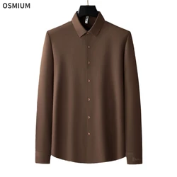 Men High-end Seamless Draping No-iron Brown Retro Shirt Plus Size Mens Long Sleeve Casual Button Business Formal Shirts M-4XL