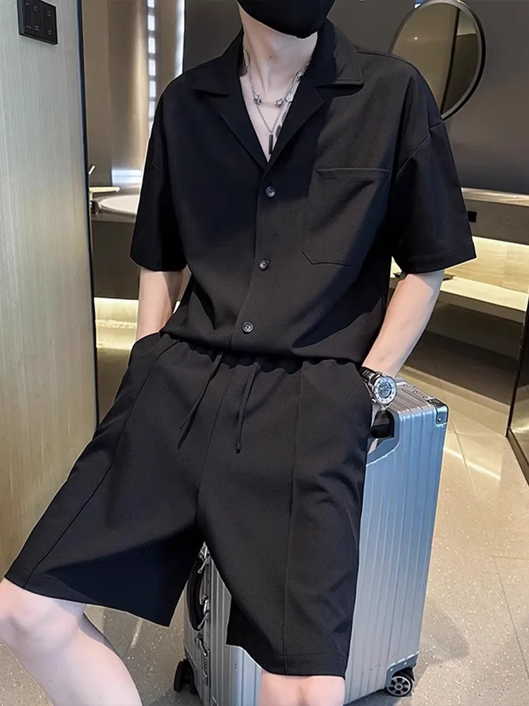 

Men's Summer Ice Silk Casual Shirt Shorts Set Two-Piece Cool Brand Handsome Trendy Polyester Fiber Youth Fashion Sportswear