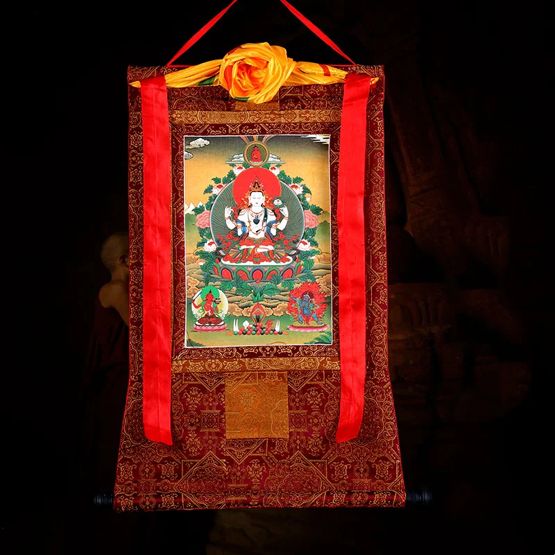 Four-Armed Avalokiteshvara Thangka - Tibetan Esoteric Wall Art, Auspicious Home Entrance Decor Hanging Painting