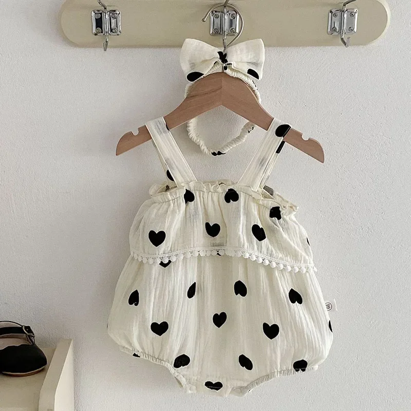 2025 New Summer Newborn Baby Girls Romper+Hair band Sleeveless Cotton Heart Print Korean Style Climbing Suit Children Clothes