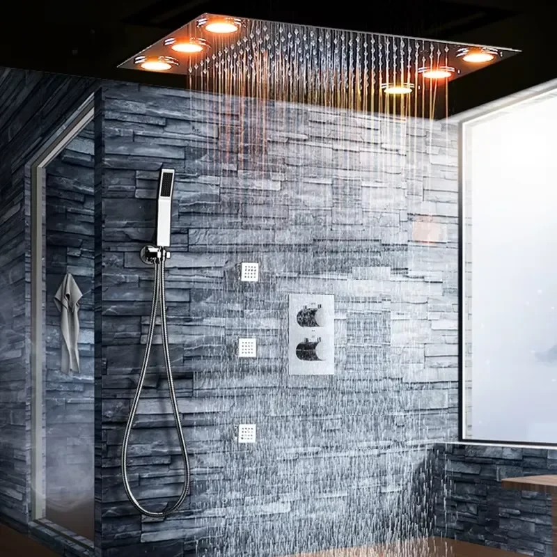 Bathroom Thermostatic Mixer Faucets Dual Handle Overhead Rain Shower Set Led Ceiling Rainfall Shower Head System+Wall Jets