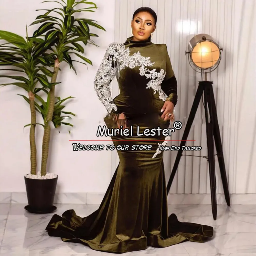 Aso Ebi Meerjungfrau Ballkleid plus Größe Bankett Abend Party Kleider lange Ärmel Applikationen Samt Frauen Kleider elegant zuges chnitten