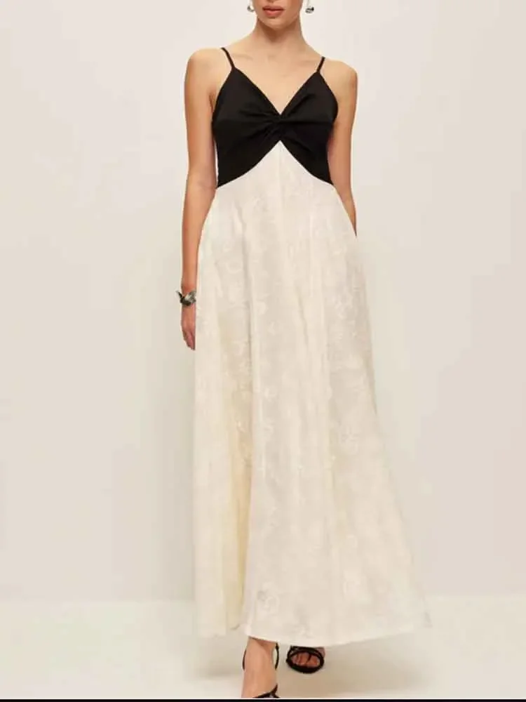 

European style new women's fashion versatile temperament contrast color splicing jacquard suspender long skirt