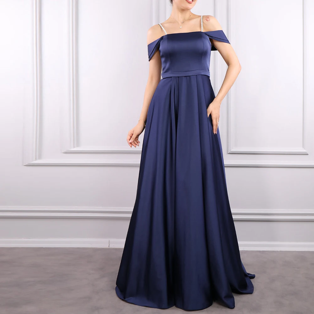 

Customized Temperament Spaghetti Straps Satin Evening Dresses Formal Square Collar Short Sleeves A-Line Floor Length Prom Dress