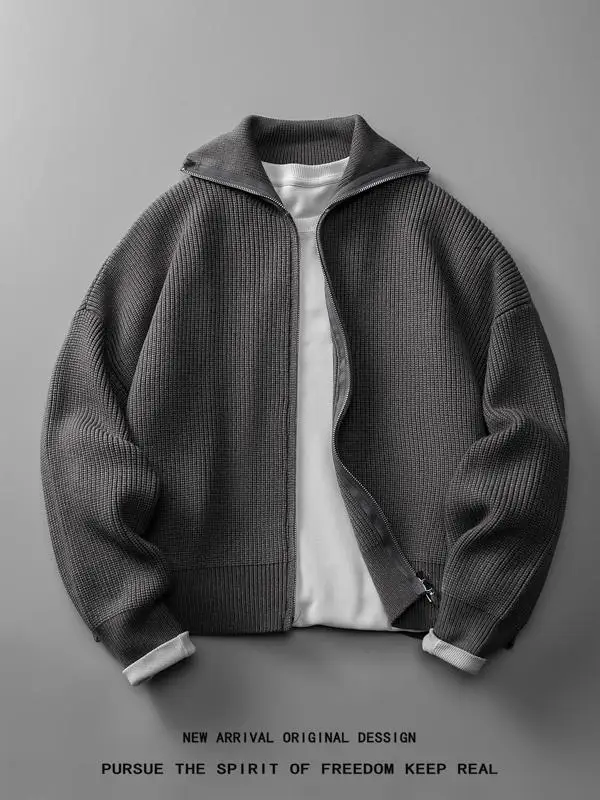 

Модный американский мужской кардиган-свитер свободного кроя, повседневная верхняя одежда с высоким воротником, длинный вязаный свитер