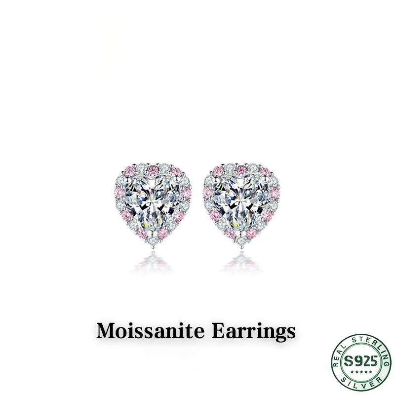 Hot selling heart-shaped earrings, simple Mozambique diamond arrangement earrings, 100% S925 silver earrings, wedding jewelry