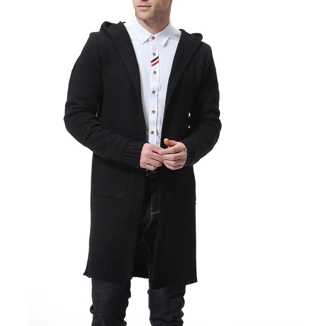 Cappotto maglione Cardigan spesso con cappuccio da uomo maglione X-lungo