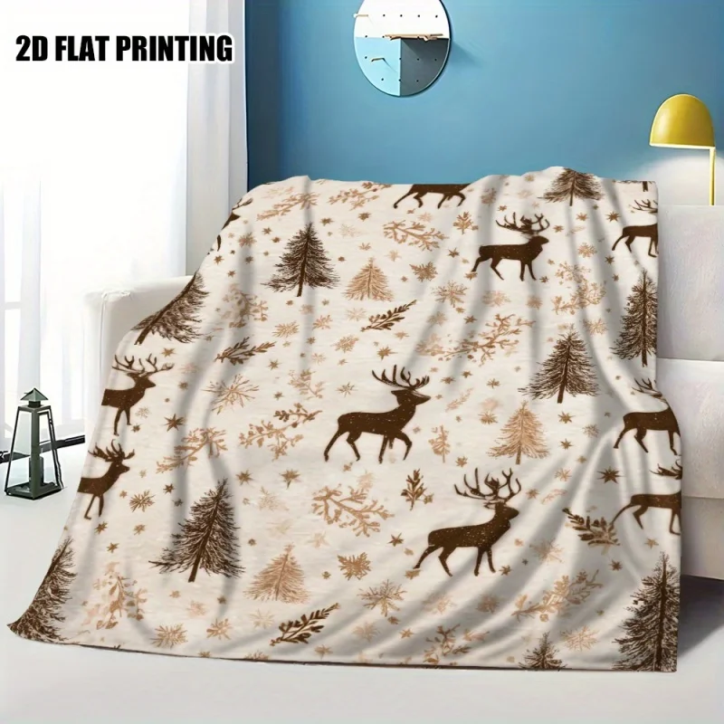 Santa Claus Sleigh Reindeer Night Snow Scene Print Throw Blanket, Xmas Starry Sky Decor Household Blanket