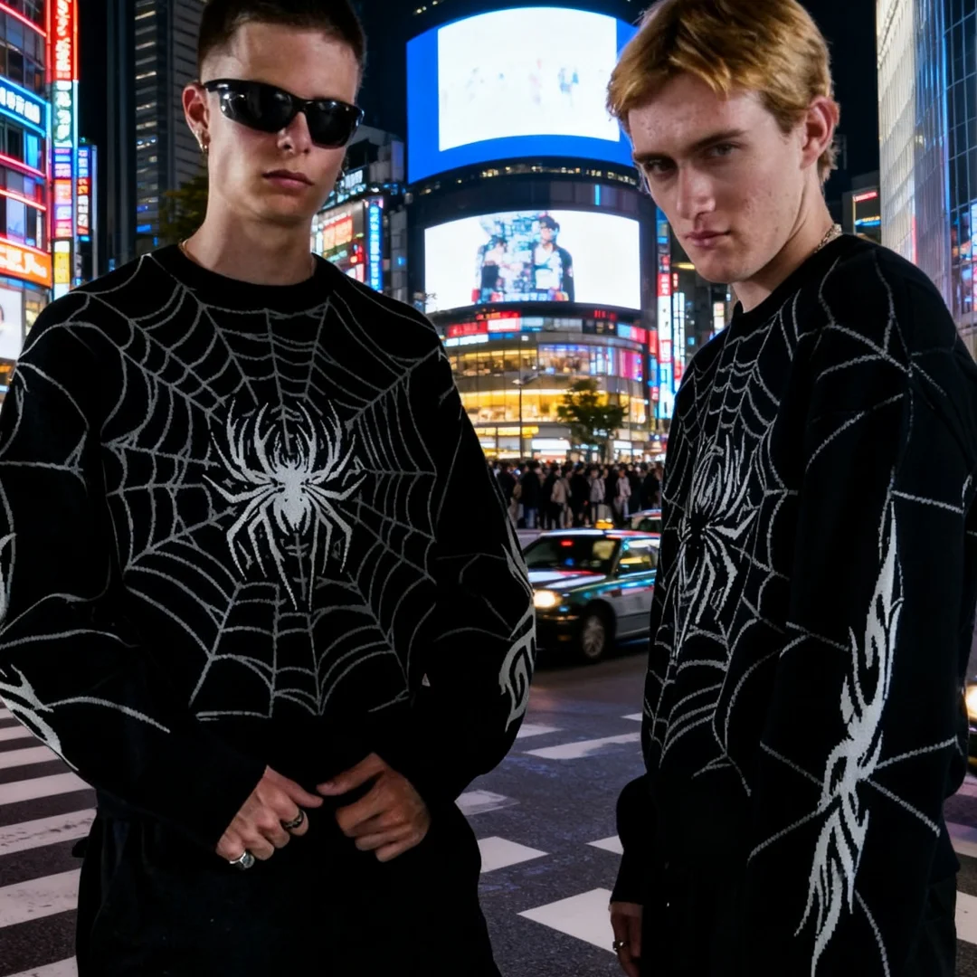 

Vintage Y2K Gothic Spider Web Knit Sweater Long Sleeve Loose Fit Harajuku Streetwear Casual Pullover Top