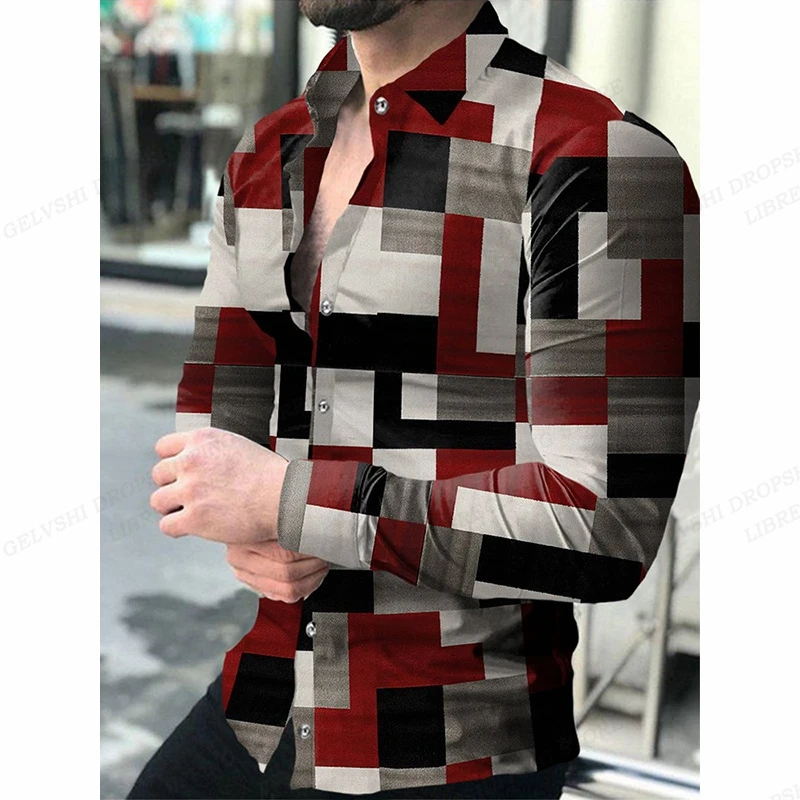 

Lattice HawaiianShirts Men Fashion Shirt Long Sleeve Shirts Cuba Beach Blouse Mens Clothing Turn Over Collar Camisas Streetwear