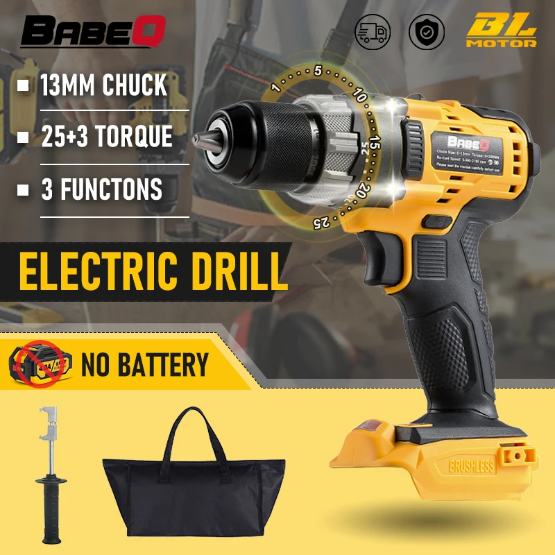 BABEQ 13mm 180N.m Brushless Cordless Electric Drill 3 IN 1 Functions Electric Screwdriver Hammer Drill Home DIY Power Tools