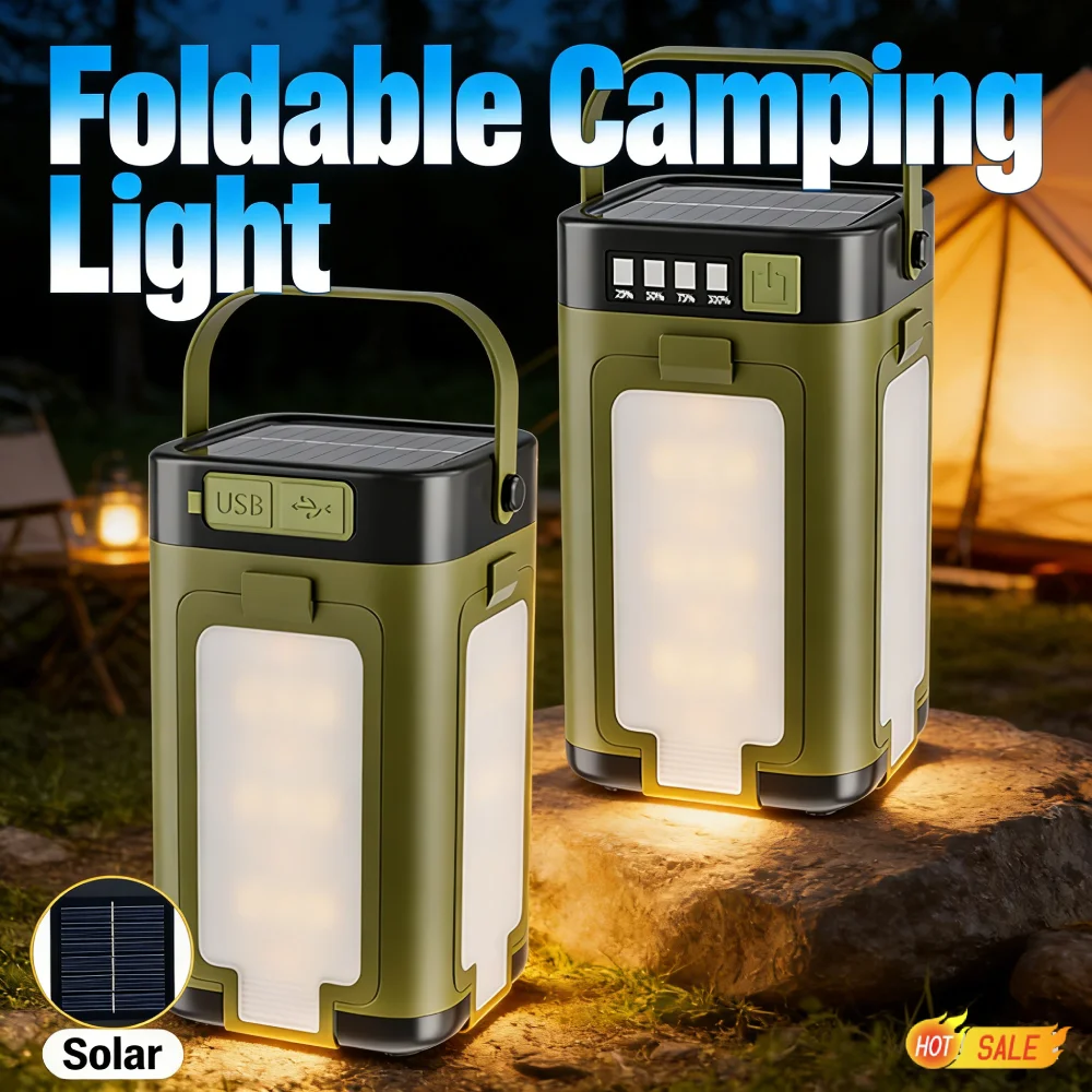 Solar Camping Lantern Foldable LED Rechargeable Power Bank Waterproof Flashlight 500lm 6 Modes Battery Display Fishing Gear