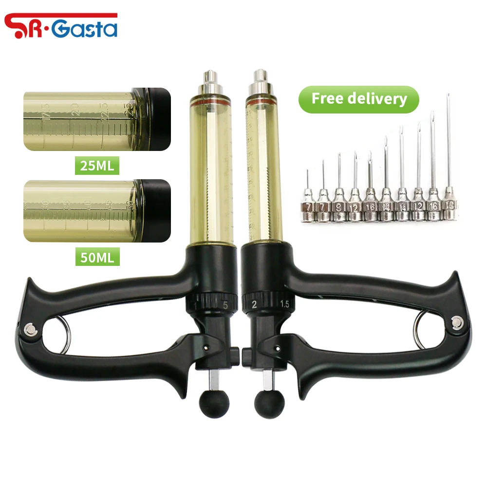 

Черный полуавтоматический шприц непрерывного действия 25/50 мл с 10 универсальными иглами, ветеринарное оборудование для скота, крупного рогатого скота, овец, свиней