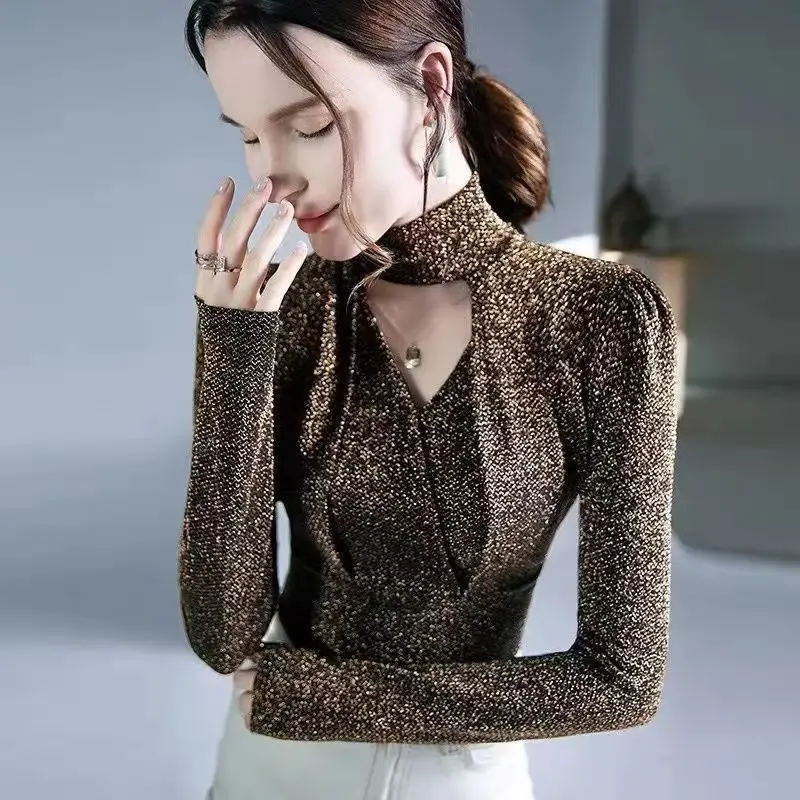 

Fashion Bright Silk Blouse Women Spring Autumn Long Sleeved Tops Sexy Tight All-Match Shirts