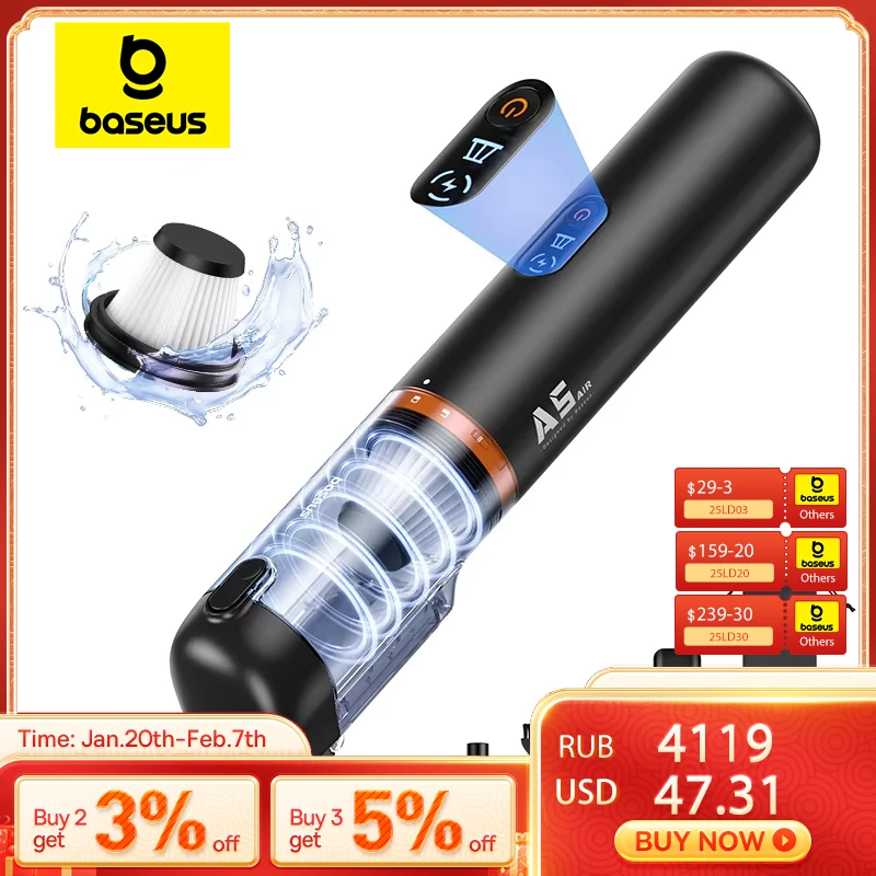 Baseus A5 Air Car Vacuum Cleaner 2-in-1 Powerful Wireless Cleaner Strong Suction Handheld Car Cleaning Portable Home Appliance