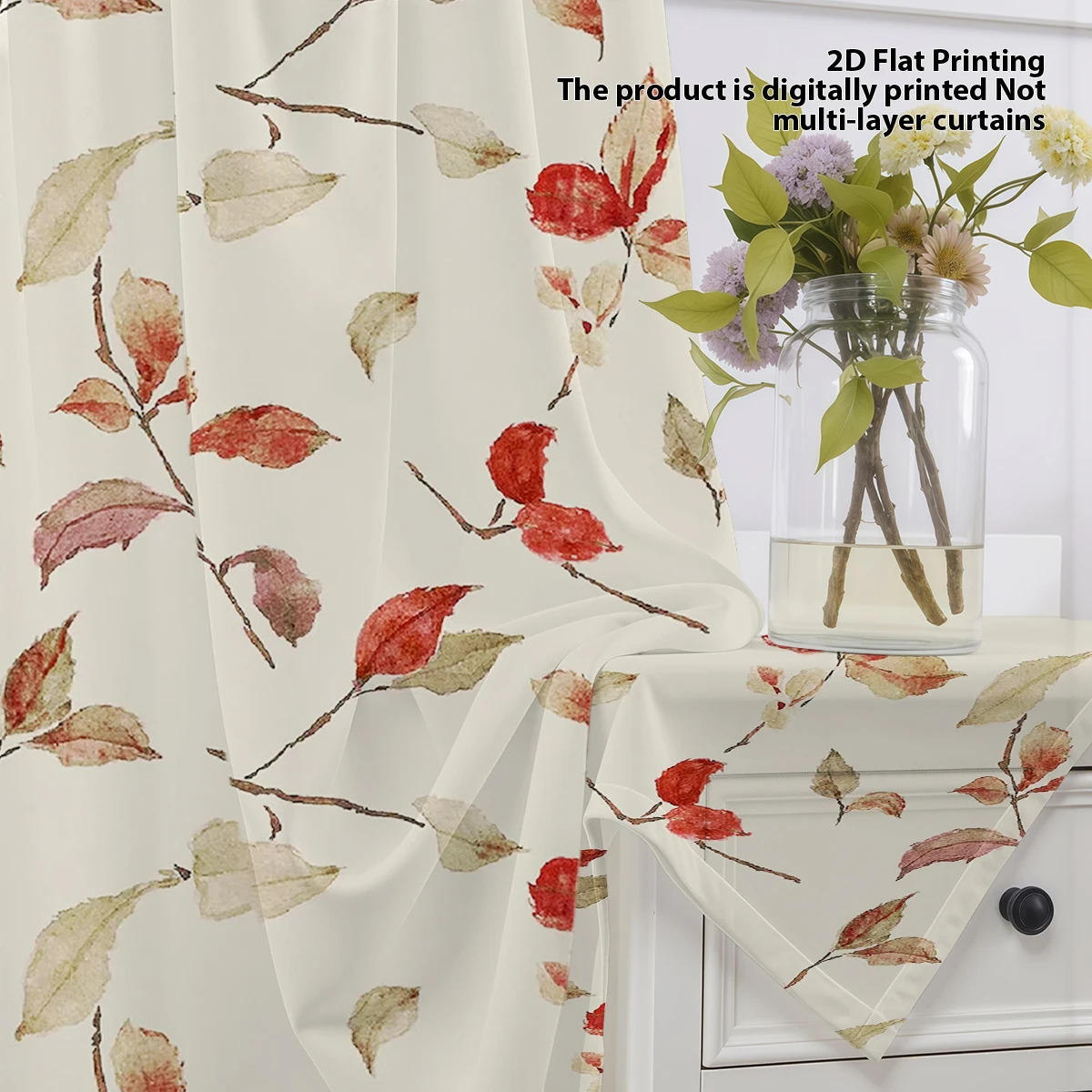 Warm-Toned Autumn Leaf Sheer Curtain - Retro Autumn Style Rod-Pocket Sheer Curtain, Ambient Decorative Sheer Curtain for Living