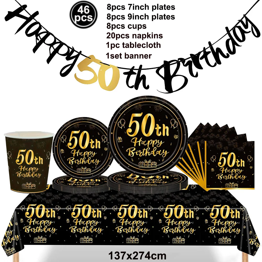 Black Gold Disposable Tableware For 50th Birthday Party Decor Supplies Plates Tablecloth Birthday Banner 32inch Number Balloon
