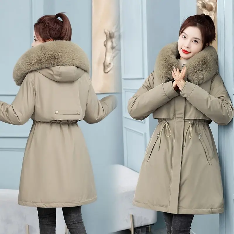 Women 2023 Wool Collar Cotton Coat Pai Overcomes Mid Length Cotton Coat Korean Version Slim Fit and Slim Thick Coat