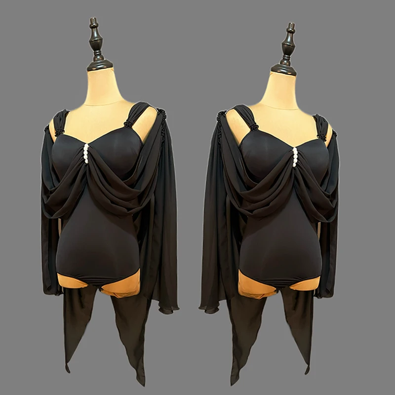 ชุดฝึกซ้อมเต้นรำบอลรูมสำหรับผู้หญิง บอดี้สูทแขนยาวสีดำ ชุดเต้นรำสมัยใหม่มาตรฐาน ชุดฝึกซ้อมวอลซ์ รุ่น VBH2059