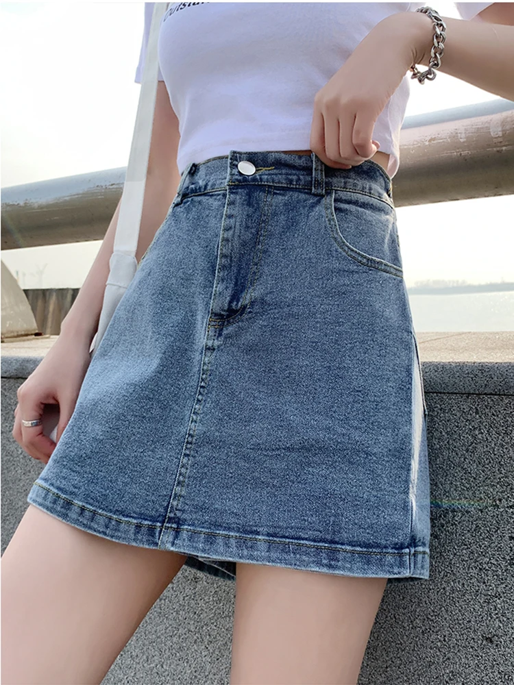 الصيف عادية البسيطة الدنيم التنانير امرأة ألف خط حجم كبير الجينز التنانير مع السراويل مرونة الخصر تنورة سوداء المرأة كولوتيس قصيرة #2