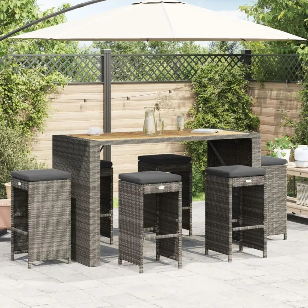 6-Piece Gray Poly Rattan Patio Bar Stools with Cushions - Outdoor Seating Set