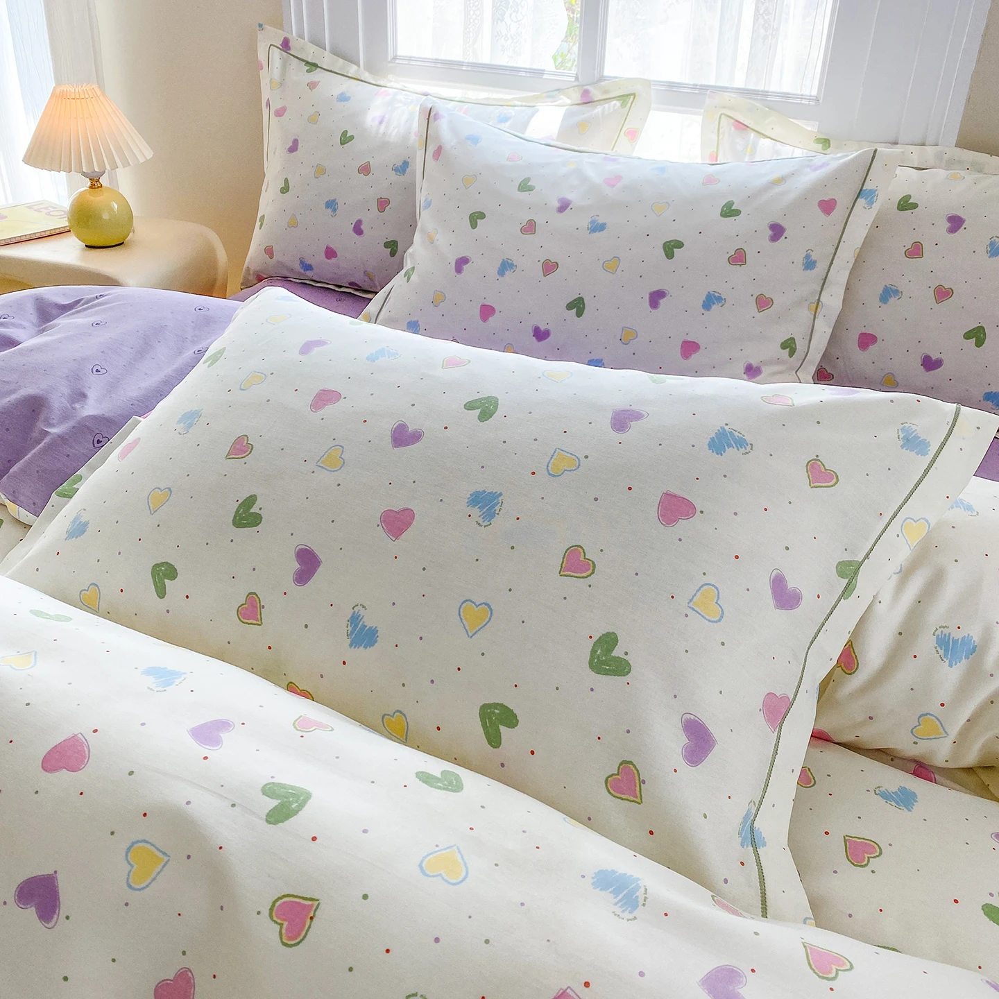 100% Cotton Colorful Heart Print Duvet Cover Set 2 Pillowcases, Soft Breathable Cute Polka Dot Bedding Set Comfort Quilt Cover