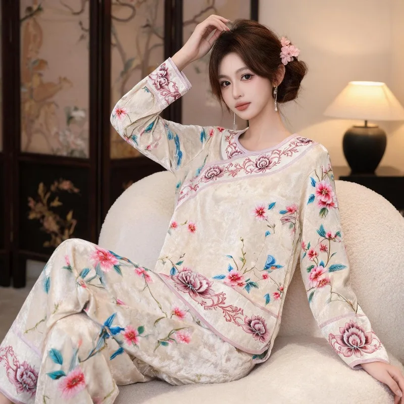 New Chinese Style Printing Soft Waxy Spring Fall Gold Diamond Velvet Pajamas Women's Loose Can Wear Long-sleeved Loungewear Suit