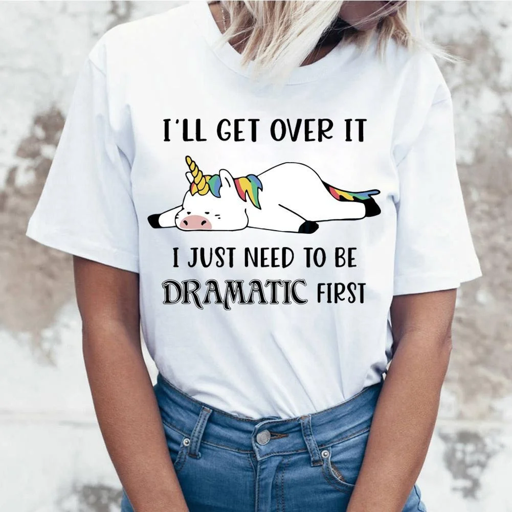 Unicorn I'll Get Over It Print T-shrits For Women Summer Short Sleeve Round Neck Cute Loose T-shirt Creative Personalized Tops