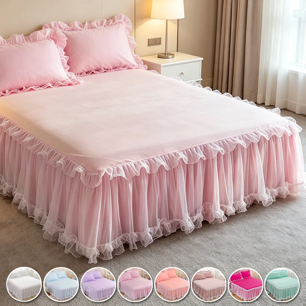 1PC Korean-Style Princess Lace Ruffled Bed Skirt Brushed Fabric Bed Cover Mattress Protector & Fitted Bedspread (No Pillowcase)