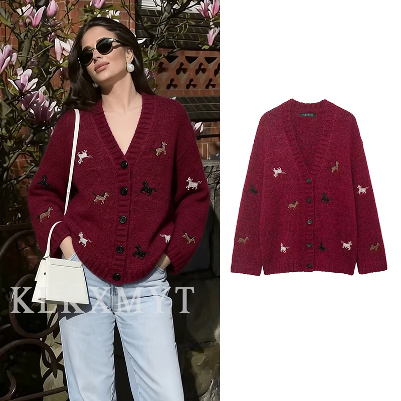 

Women Burgundy Knitted Coat 2026 New Year Chic Long Sleeve Button Coats For Women High Street Elegant Embroidery Short Cardigan