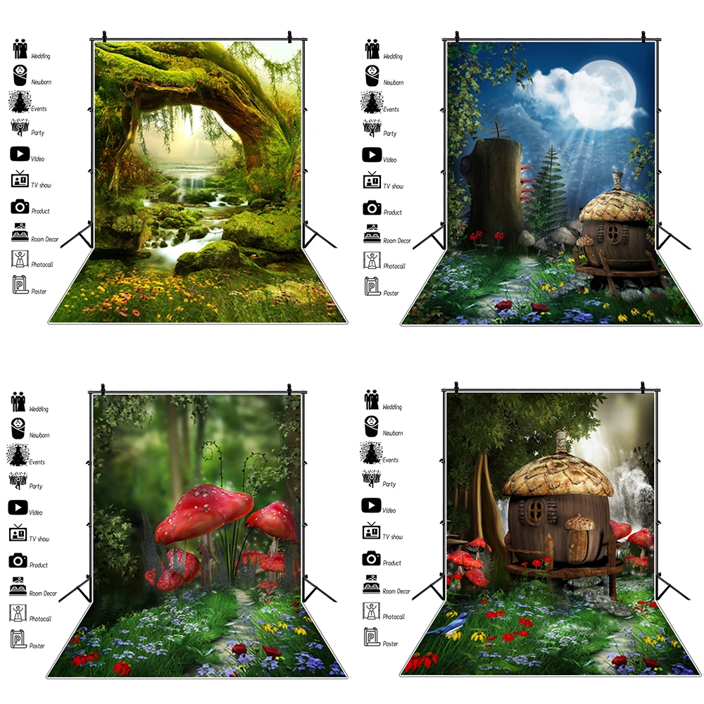 

Wonderland Photozone Fairytale Forest Tree Stone Waterflow Grass Photography Backdrop Photo Backgrounds Baby Portrait Photophone