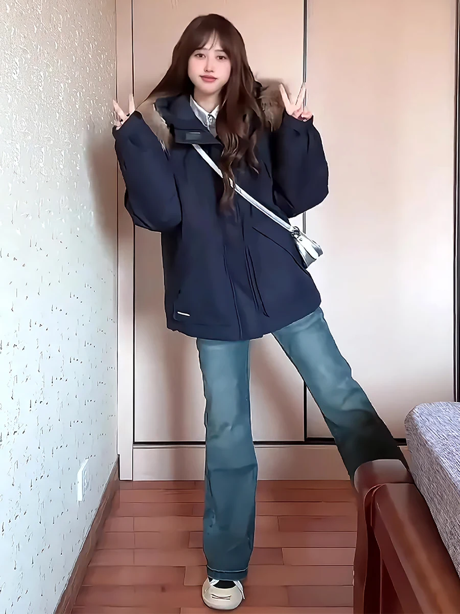 여성용 테이니드 패딩 재킷 2024 겨울 캐주얼 따뜻한 코트 오버 롱 후드 출퇴근용 슬레 화이트 듀 다운 필