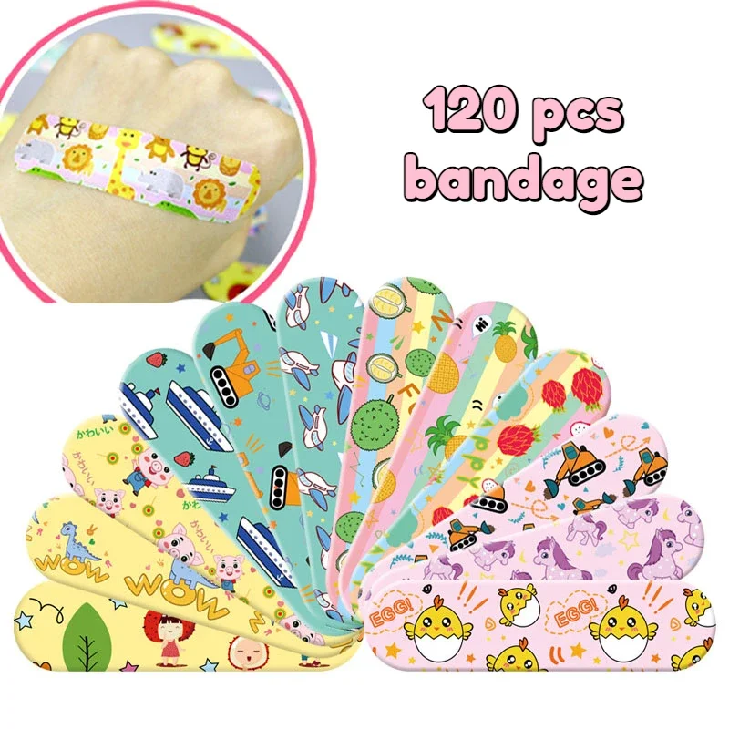 120pcs Cartoon Pattern Waterproof Band Aid Hemostasis Adhesive Bandages First Aid Emergency Kit Wound Plaster Patches for Kids