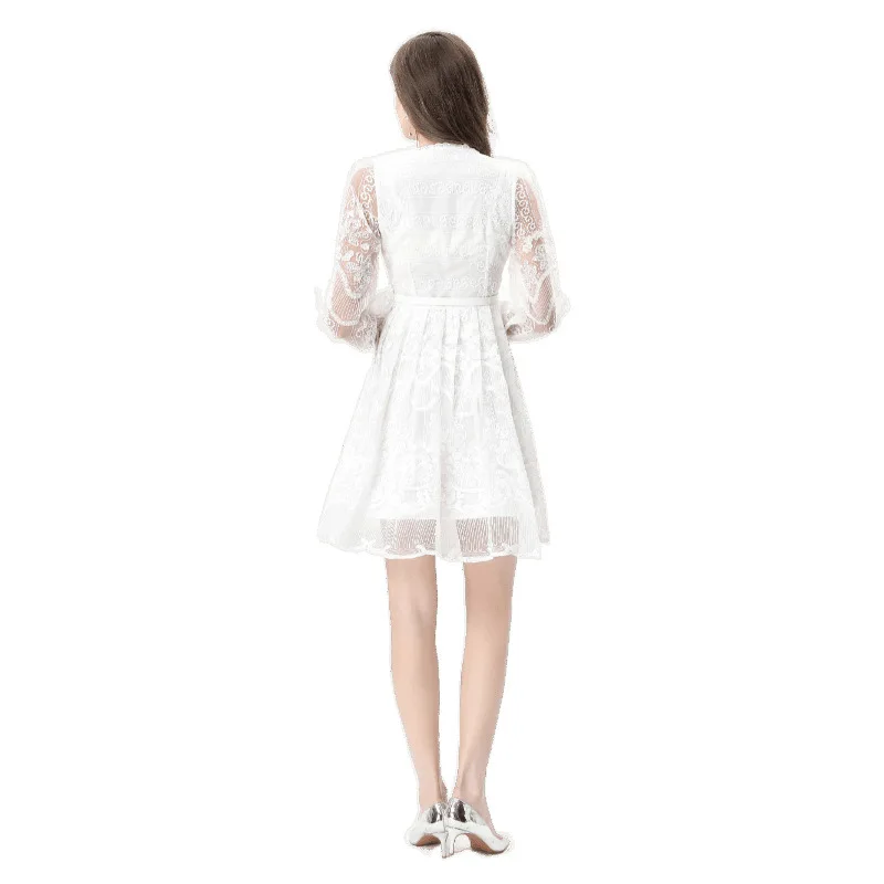 V-Ne Long Sve  Dr Lace Embellied Waist Cinched Flared Skirt Polyester Fiber Fly Sve Autumn Season A-Line Sil...