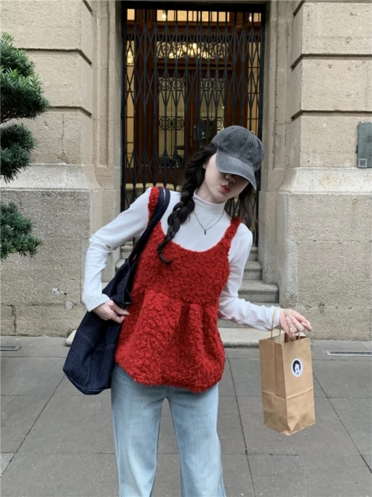 Ensemble de vêtements d'hiver pour femmes, haut rouge, taille haute, élastique, manches longues, col rond, coupe ample, style coréen, décontracté