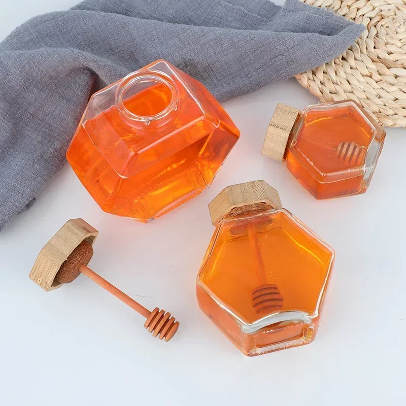 100ml/380ml Bamboo Wood Cover Hexagonal Glass Jar with Stirring Dipper Hexagon Honey Container 100ml Iron Cap Storage Bottle