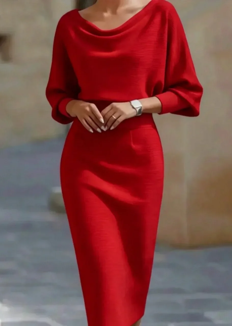 Damenkleid mit Wasserfallausschnitt und Fledermausärmeln, gestricktes Midikleid, hohe Taille, figurbetont, elegant, für den Alltag, Büro und Party. – Detail 5
