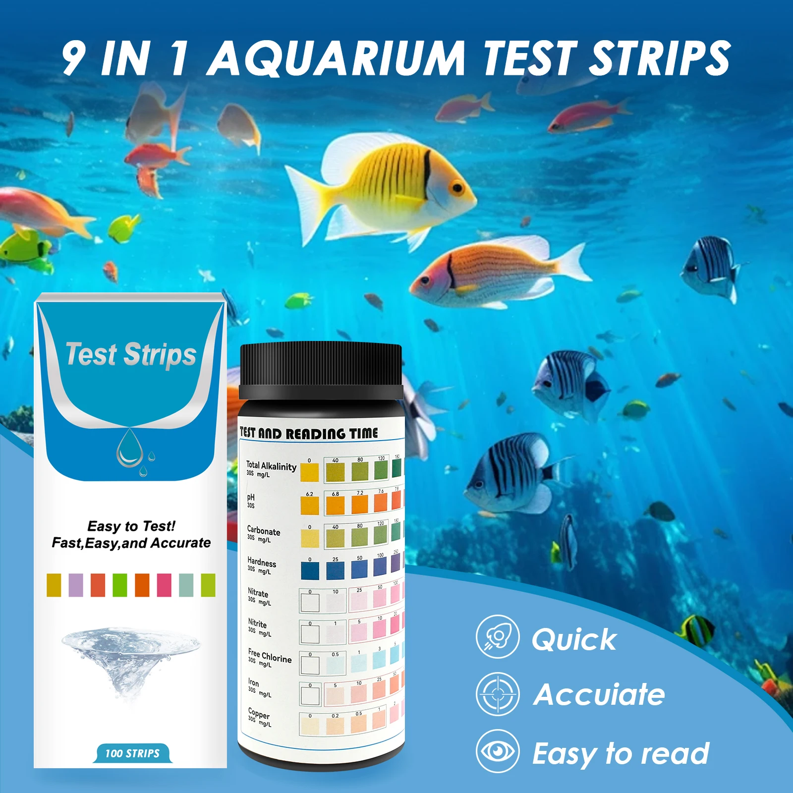 100Pcs 9 in 1 Aquarium Test Strips Fish Tank Test Kit Swimming Pool Aquarium PH Quality Water Testing Strips for Carbonate