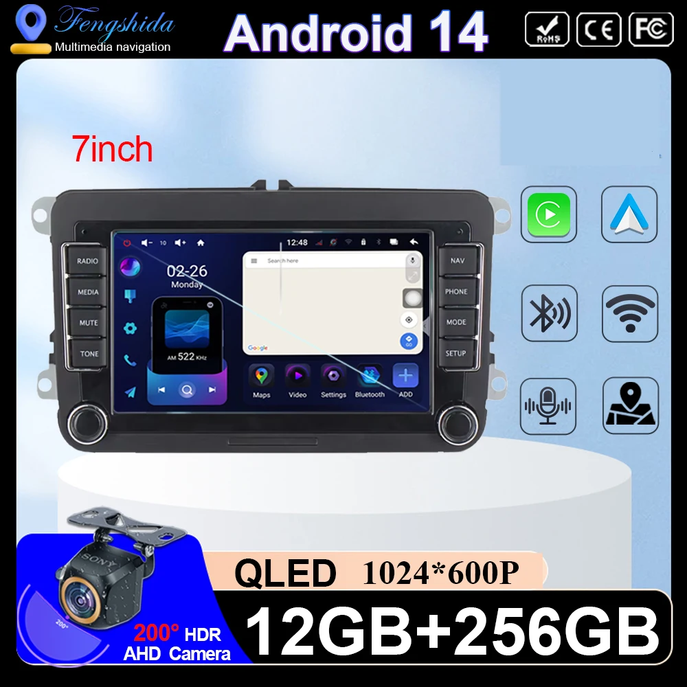 

7 inch Android 14 For VW Passat golf Polo Jetta Skoda Car Head Unit Multimedia Player Radio Wireless Carplay 5G WIFI Smart DVD